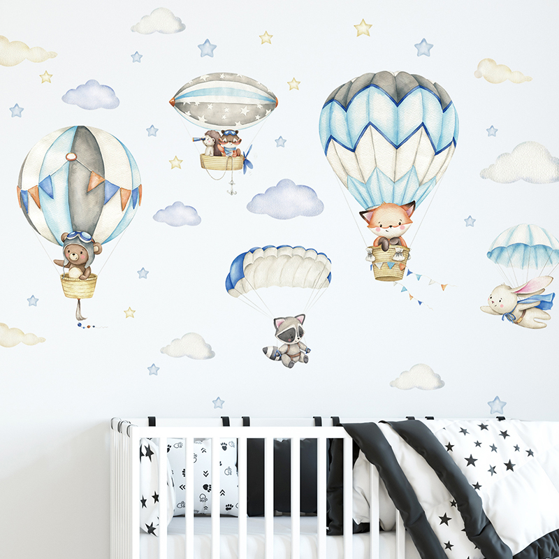 Cartoon Cute Animals Hot Air B - Baby Nursery Wall Mural recension och pris