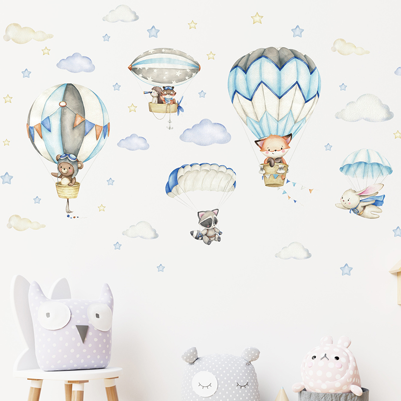 Cartoon Cute Animals Hot Air B - Baby Nursery Wall Mural recension och pris
